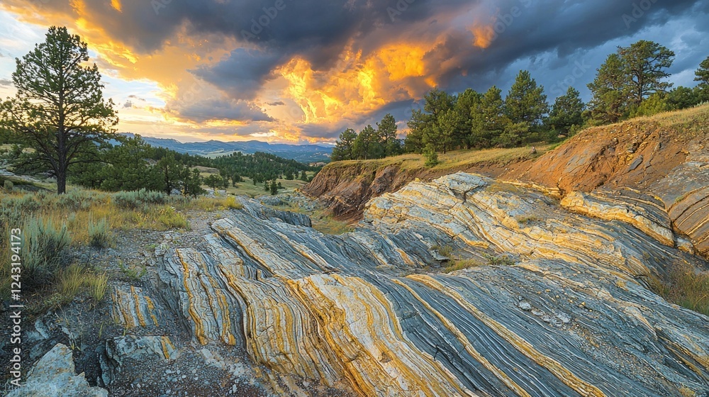 Poster vibrant hues of orange and yellow fill the sky as the sun sets over a rugged but beautiful terrain. 