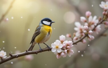 Obraz premium A tit bird perched on a branch with pink blossoms in the background