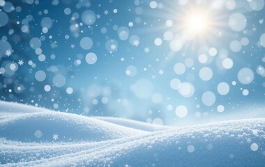 A snowy landscape with trees and a blue sky with snowflakes and bokeh effect