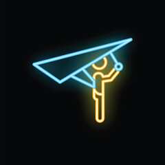 Neon sign of a businessman flying with a big paper plane, concept of business startup and success