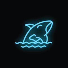 Blue neon icon of a shark jumping out of water on a black background
