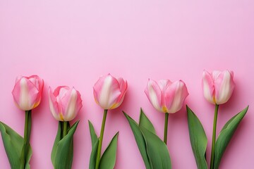 Naklejka premium Pink tulips border on pink background, spring floral greeting card design