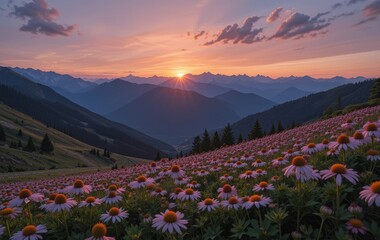A stunning sunset behind a mountain range with a field of blooming arnica flowers in the foreground