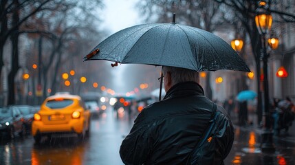 A solitary figure under an umbrella on a rainy city street at night. The blurry background and soft lighting create a moody and atmospheric scene.