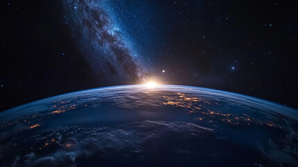 Obraz premium High-resolution image of planet Earth rising over the horizon, illuminated by the sun�s golden rays, set against the vastness of outer space