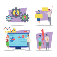 Collection of illustrations with professionals engaged in business activities such as collaboration, data analysis, and presentations. Teamwork concept