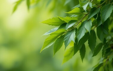 A close-up of green leaves from a willow tree, with sunlight shining through them.