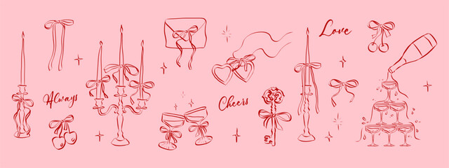 Hand drawn coquette aesthetics elements. Vintage cute symbols with ribbon and bow in simple crayon and sketch style. Trendy art for Valentine day and wedding invitations. Outline vector illustration