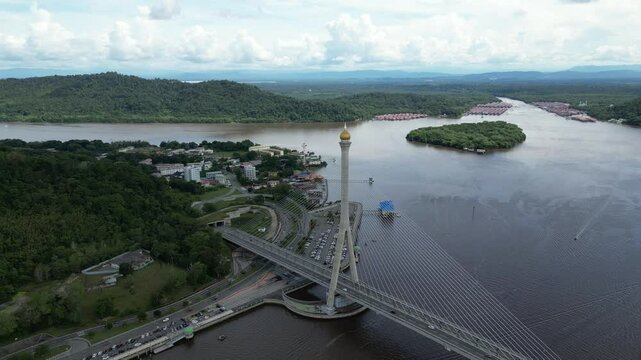 Raja Isteri Pengiran Anak Hajah Saleha Bridge in Bandar Seri Begawan Aerial View. Bandar Seri Begawan, the capital of Brunei Darussalam. Borneo.