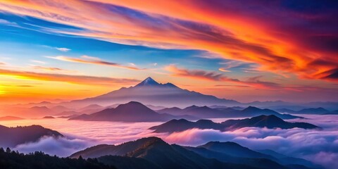 Fototapeta premium Serene Panorama of Majestic Mountains Bathed in the Warm Glow of a Vibrant Sunset, a Breathtaking View of Nature's Splendor