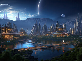 Futuristic City on Alien Planet at Night