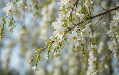 Obraz premium A close-up of a flowering white willow tree with pollen and catkins visible