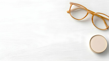 Glasses and cream jar on white wood desk. Lifestyle blog or website header