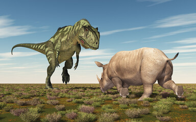 Fototapeta premium Dinosaurier Yangchuanosaurus und Nashorn