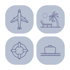 Collection of travel icons including airplane, beach chair under sun, lifebuoy, and suitcase on conveyor. Perfect for travel themes and activities