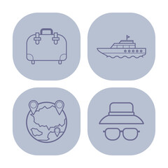 Collection of travel icons with suitcase, boat, globe with pins, and sunglasses with hat. Various travel activities and destinations concept
