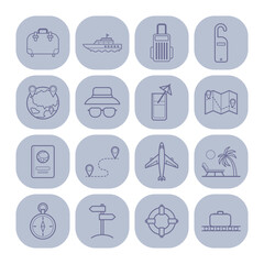 Fototapeta premium Collection of travel icons with essentials like luggage, passport, and maps. Activities and items for memorable journey across various destinations