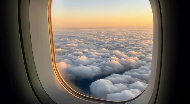Airplane Window View Above Clouds at Sunset, Flying Over White Cloudscape