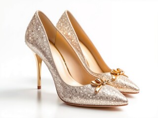 Fototapeta premium High-heeled shoes with sequins and golden bows on a white background in an elegant, festive style