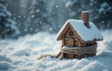 A wooden toy house covered in snow with a hat and scarf on top