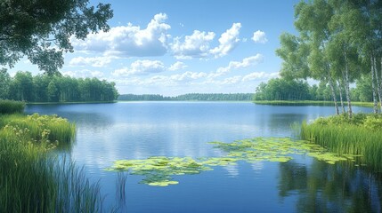 Obraz premium Serene lake landscape, sunny day, forest shore, lily pads