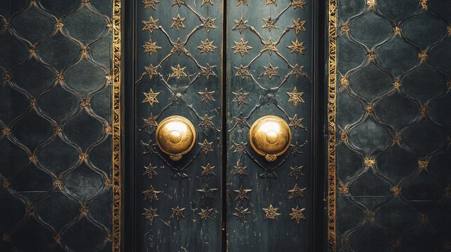 Ornate gold door knobs on dark teal doors, mosque interior, islamic architecture, design texture