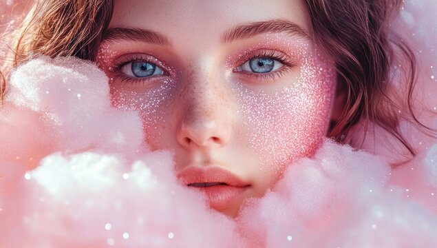 Enchanted Pink Dream: A Girl's Face Adorned with Glitter and Surrounded by Fluffy Pink Clouds