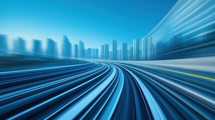 Fototapeta premium A futuristic cityscape with blurred lines, conveying motion and speed, highlighting sleek buildings against a bright blue sky.