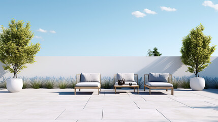 Fototapeta premium Modern Rooftop Terrace with Minimalist Furniture and Landscaping