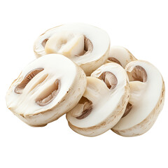 Fototapeta premium Sliced mushrooms arranged neatly, showcasing their pale color and gills, emphasizing their fresh and edible nature.