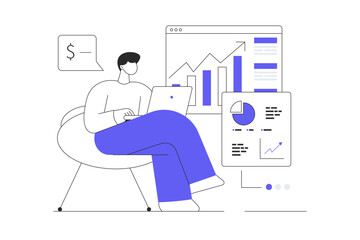 Virtual finance. Man working with data charts and calculating money, making market research. Flat Cartoon Vector Illustration, icon. Stylish abstract 
