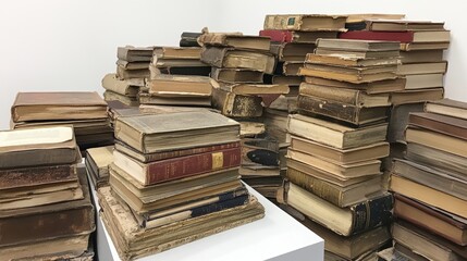 Fototapeta premium Stack of old antique big books isolated on white background