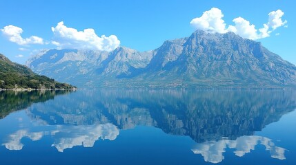 Naklejka premium Serene mountain lake reflection, idyllic landscape, azure water, and clouds mirrored