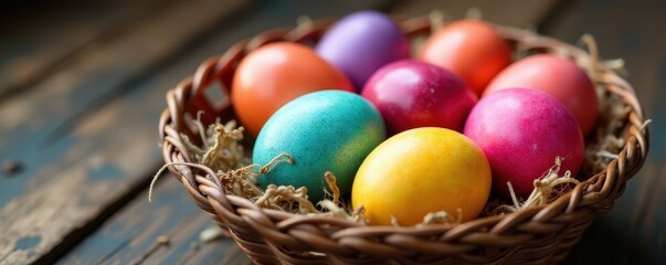 Close-up of vibrant dyed eggs in a rustic basket , candy, holiday basket