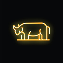 Bright yellow neon sign of a bull standing on horizontal ground against a black background