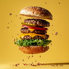 Delicious layered burger with cheese and fresh toppings floating against a vibrant yellow background