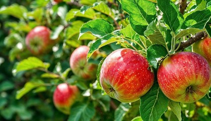 Fresh red apples growing on a tree in sunny orchard setting