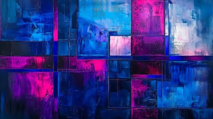 Vibrant abstract geometric painting with a mix of deep blues and neon pinks, featuring textured glass-like reflections and modern futuristic aesthetics. AI generative.