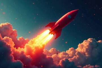 Obraz premium Sleek red rocket blasts off, leaving fiery trail, horizon, clouds