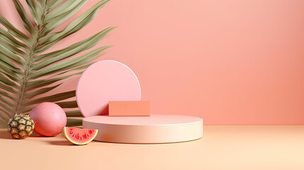 Pastel Pink Summer Product Display with Tropical Fruits and Palm Leaf