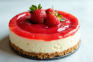 Creamy cheesecake, strawberry topping, sweet jam swirl, bite, confectionery