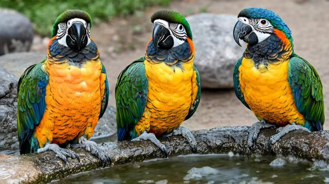 Colorful macaws gathering near a water source in a natural setting at midday