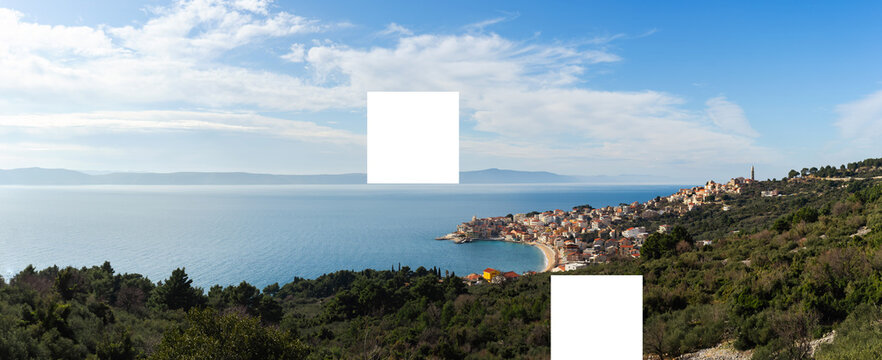 Beautiful coastline and beach near Igran, Podgora in Croatia. View from the road. Panorama