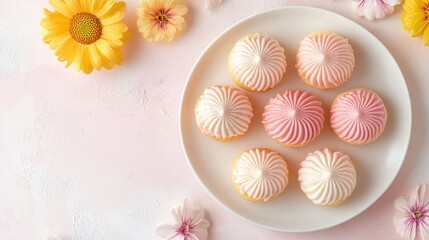 Pink floral pastel cupcakes spring plate background