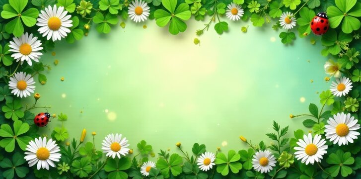 Lush green border lined with daisies, clover, ladybugs , floral, summer border