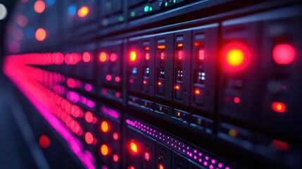 Fototapeta premium Close-up view of illuminated server racks in a data center, showcasing vibrant lights and technology