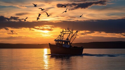 Fototapeta premium Fishing boat sails on calm water at sunset with flying birds. Beautiful colors of evening create a serene scene.