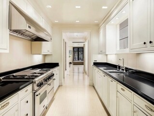 Fototapeta premium Minimalistic kitchen with white cabinetry, black countertops, and built-in stove 