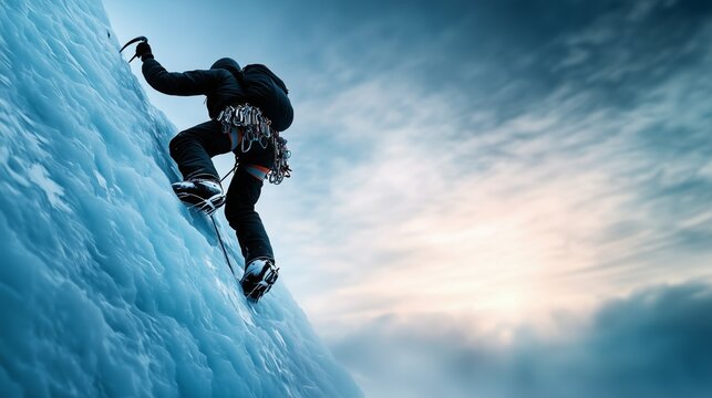 Mountain climber is ascending a steep ice wall during a breathtaking sunset, showcasing courage, determination, and the thrill of extreme sports