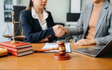 Two lawyers are discussing about contract paper, law matters determination, pointing.law and hammer